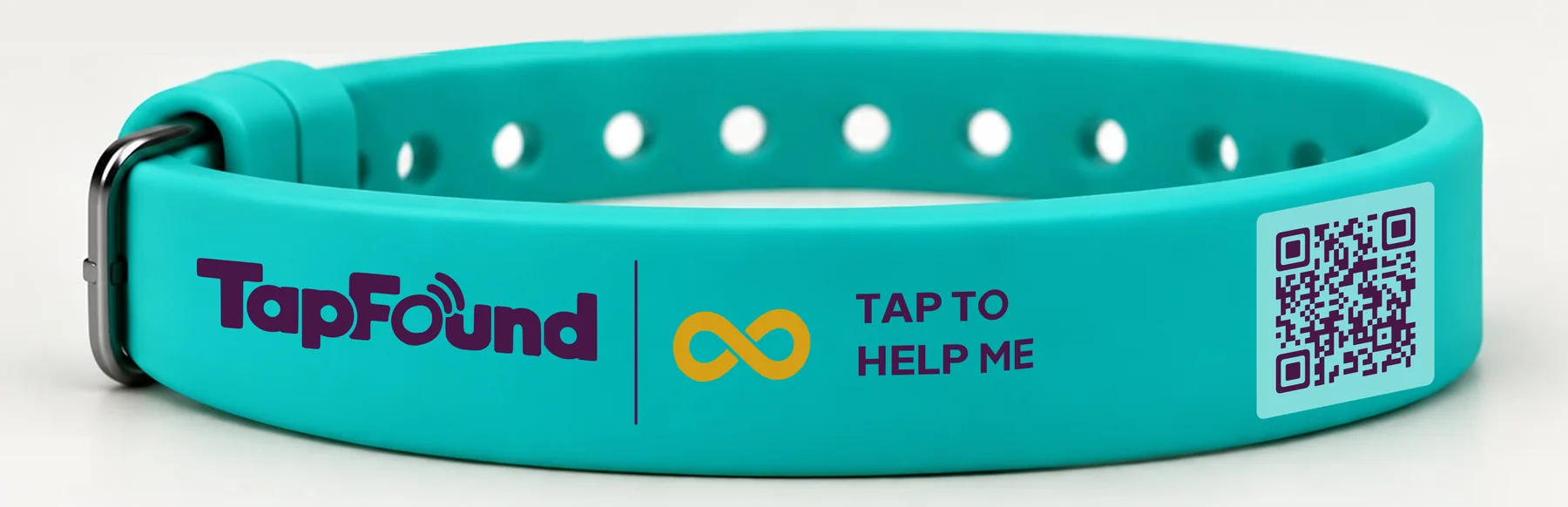 Teal TapFound wristband reading TAP TO HELP ME