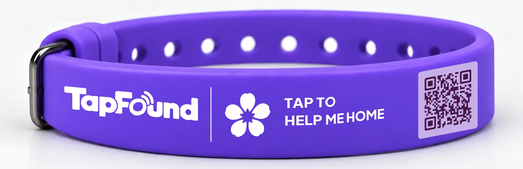 Lavender-violet TapFound wristband reading TAP TO HELP ME HOME