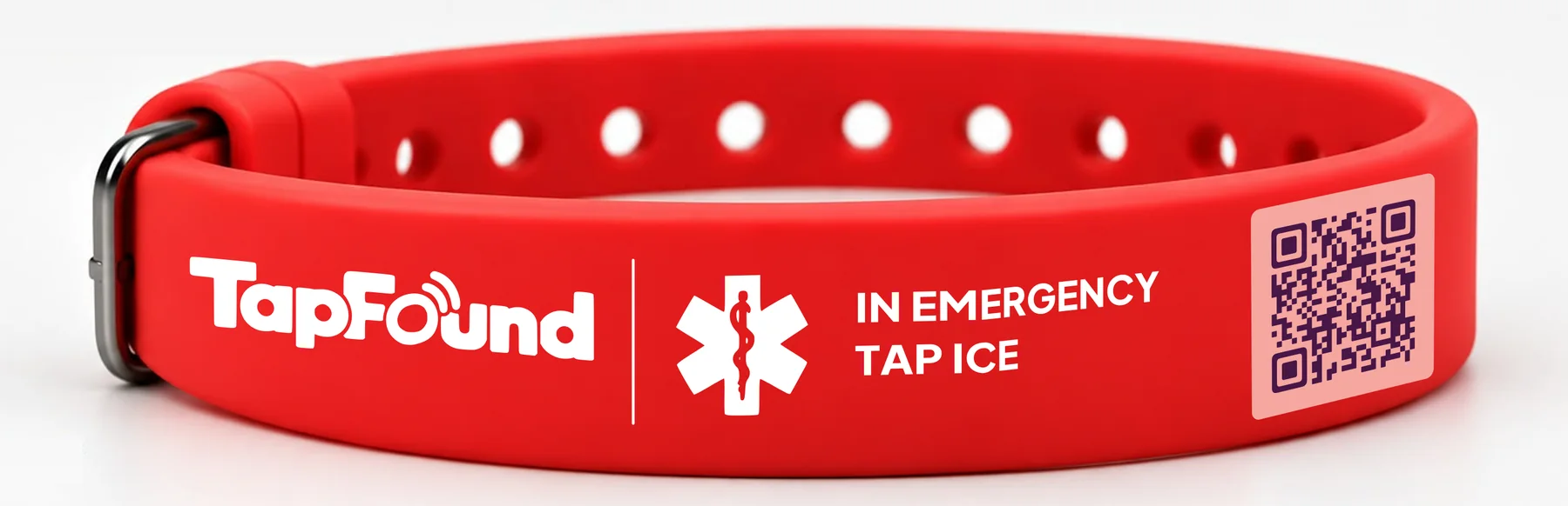 Red TapFound wristband reading IN EMERGENCY TAP ICE