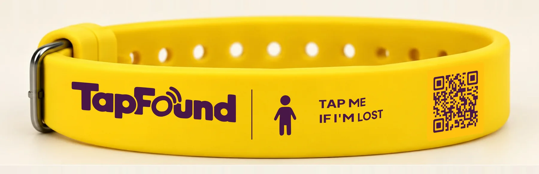 Yellow TapFound wristband reading TAP ME IF I'M LOST